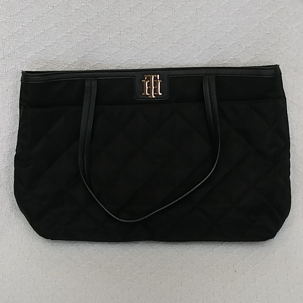 Tommy Hilfiger Quilted Black Gold Tote Bag - Picture 1 of 8